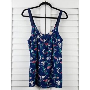 Pixley Tank Top Women L Blue Floral Sleeveless Pleated Scoop Neck Zipper Back